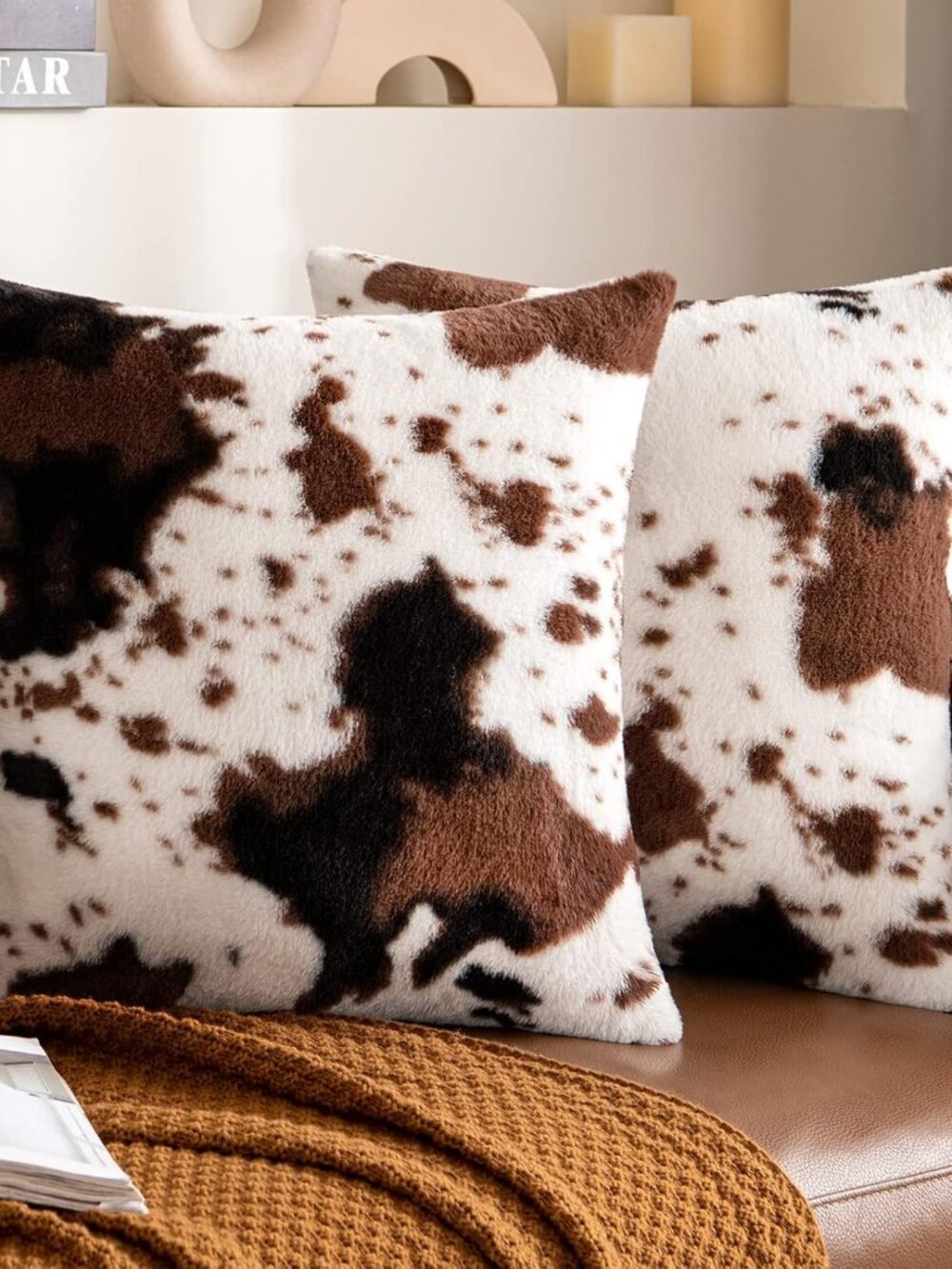 Pack of 2 Luxury Faux Fur Cowhide Throw Pillow Covers 16x16 Inch